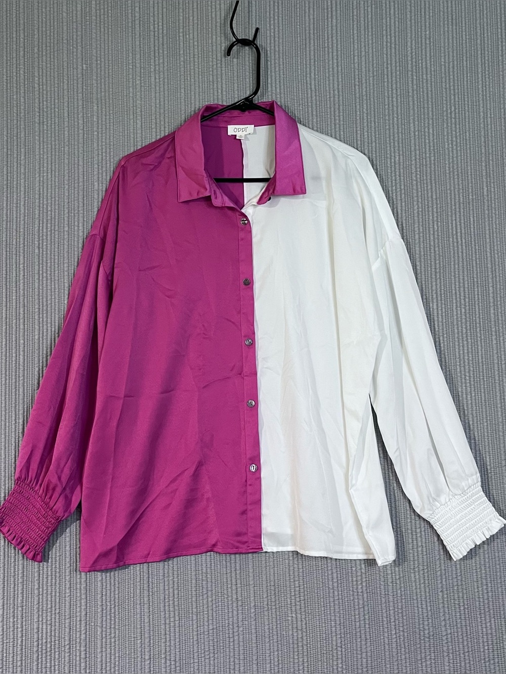 Oddy Pink White Colorblock Satin Top Button Down Relaxed Fit Womens M